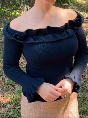 Ruffled Off-the-Shoulder Sweater - Navy Blue